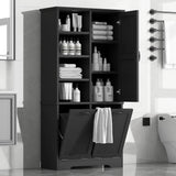 68” Tall Bathroom Storage Cabinet with 2 Tilt Out Laundry Hamper, Freestanding Bathroom Storage Cabinet with Door and Adjustable Shelves, Black Bellemave