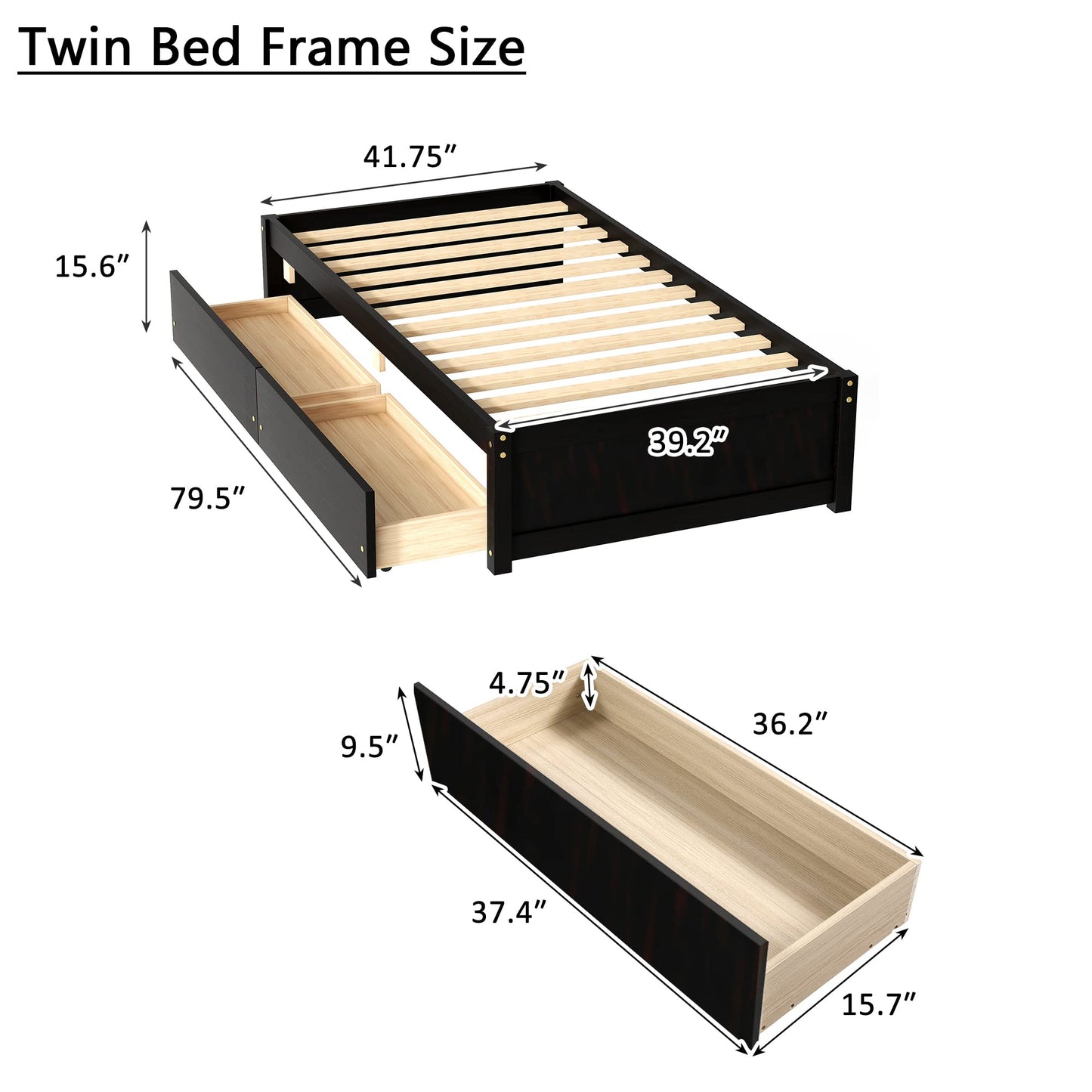 Dolonm Twin Size Solid Wood Platform Bed Frame with 2 Storage Drawers - Espresso Finish - WoodArtSupply