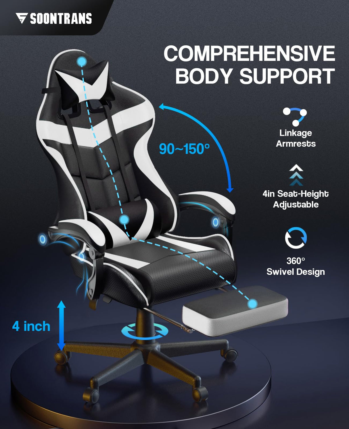 Soontrans White Gaming Chairs with Footrest, Video Game Chairs for Adults Teens,Ergonomic Gamer Chair with Headrest, Lumbar Support Adjustable Recliner Chair(Polar White) Soontrans