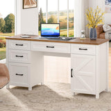 Farmhouse 61'' Executive Desk with 5 Drawers, Rustic Office Desk Computer Desk with Charging Station, File Drawers and Storage Cabinet, Wood Workstation for Study and Home Office,(Unique White) Vabches