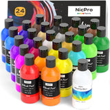 Nicpro 24 Colors Airbrush Paint (8.45 oz, 250 ml) with 1 Thinner, Large Bulk Ready to Spray Airbrush Paint Set, Opaque Water-Based Acrylic Air brush Paints for Model, Metal, Plastic, Wood, Canvas Nicpro