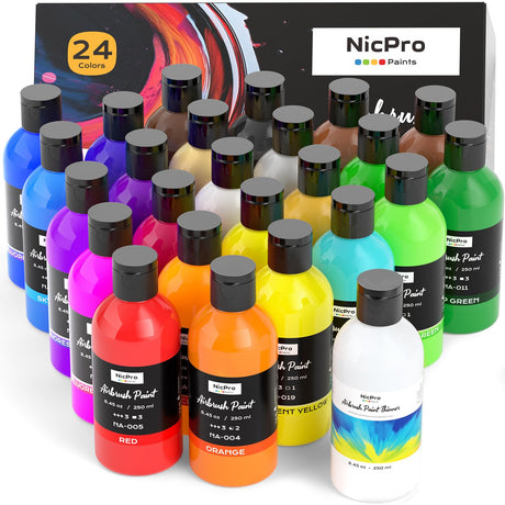 Nicpro 24 Colors Airbrush Paint (8.45 oz, 250 ml) with 1 Thinner, Large Bulk Ready to Spray Airbrush Paint Set, Opaque Water-Based Acrylic Air brush Paints for Model, Metal, Plastic, Wood, Canvas Nicpro