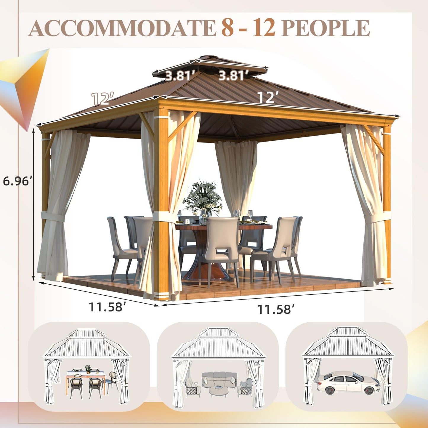 YOLENY 12' x 12' Hardtop Gazebo Faux Wood Grain Metal Gazebo with Aluminum Frame, Galvanized Steel Double Roof, Outdoor Patio Gazebo Pergolas with Netting and Curtains for Backyard, Patio, La - WoodArtSupply