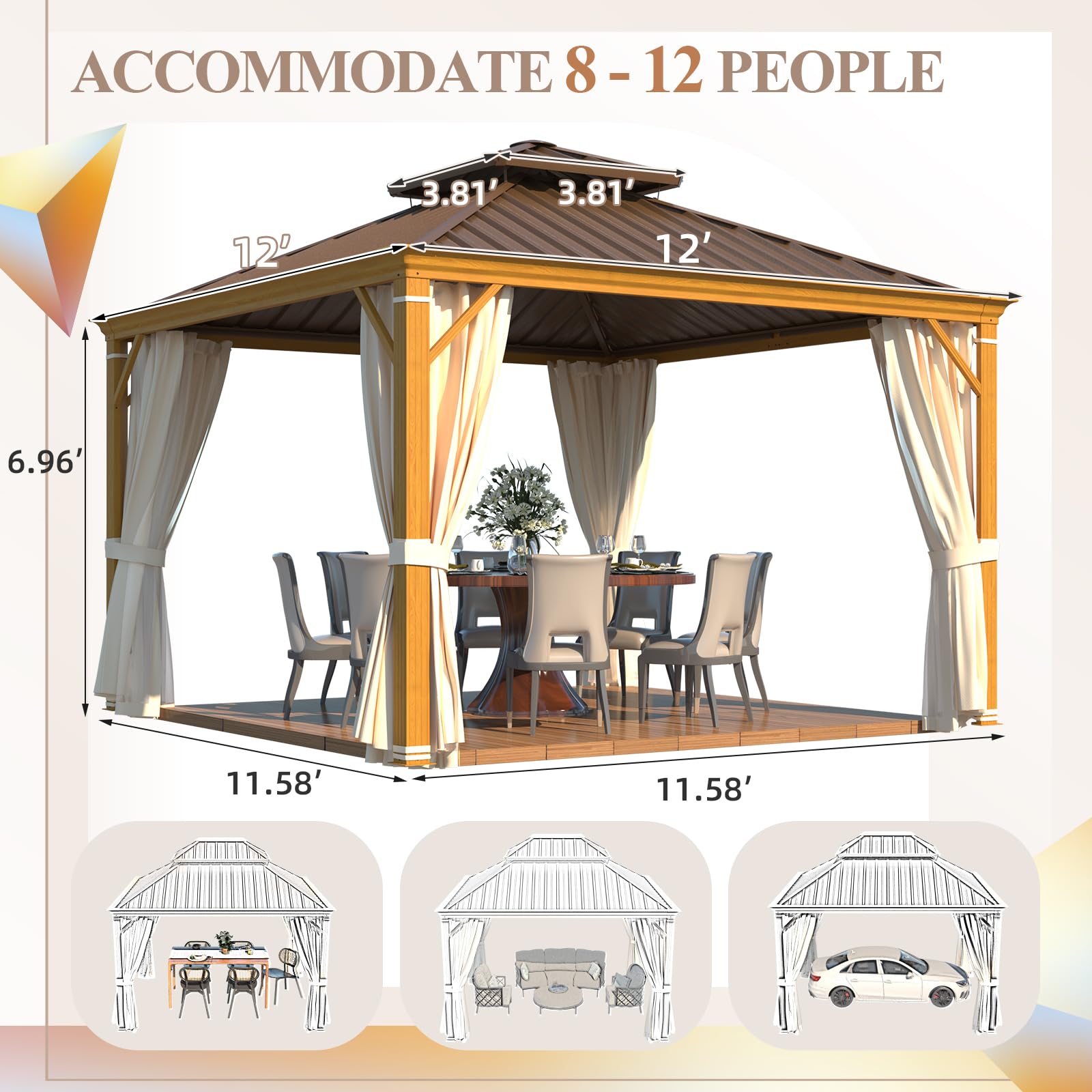 YOLENY 12' x 12' Hardtop Gazebo Faux Wood Grain Metal Gazebo with Aluminum Frame, Galvanized Steel Double Roof, Outdoor Patio Gazebo Pergolas with Netting and Curtains for Backyard, Patio, La - WoodArtSupply