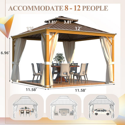 YOLENY 12' x 12' Hardtop Gazebo Faux Wood Grain Metal Gazebo with Aluminum Frame, Galvanized Steel Double Roof, Outdoor Patio Gazebo Pergolas with Netting and Curtains for Backyard, Patio, La - WoodArtSupply