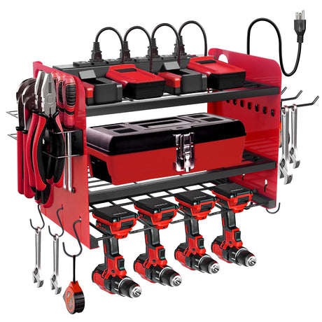 NRCUWI Garden Power Tool Organizer, Heavy Duty Tools Storage Rack Wall Mount with Charging Station, 3 Layers Yard Tool Shelf Drill Holder for Ryobi Tools - Ideal for Garage, Workshop NRCUWI