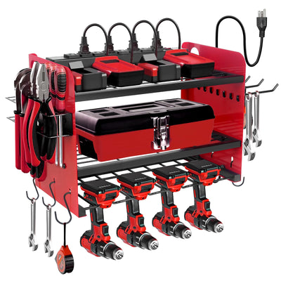 NRCUWI Garden Power Tool Organizer, Heavy Duty Tools Storage Rack Wall Mount with Charging Station, 3 Layers Yard Tool Shelf Drill Holder for Ryobi Tools - Ideal for Garage, Workshop