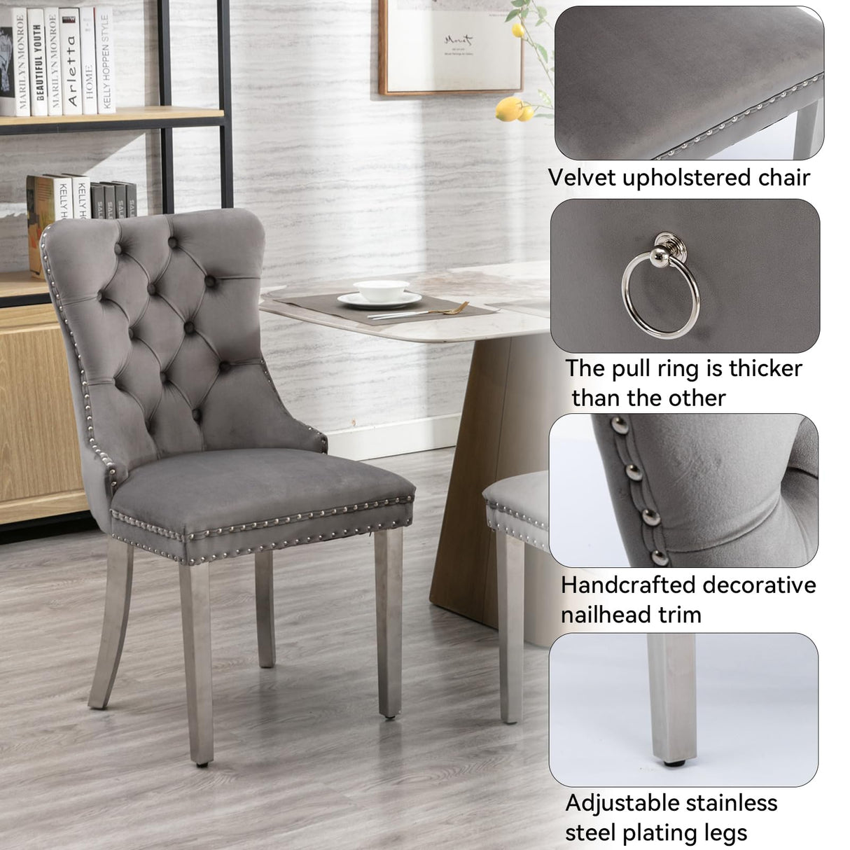 KUVADAZ 63"-78.74" White Faux Marble Extendable Dining Room Table Set for 8, 9-Piece Dining Table Set with 8 Chairs, Rectangle Wooden Expanding Kitchen Table and Grey Upholstered Chairs Set KUVADAZ