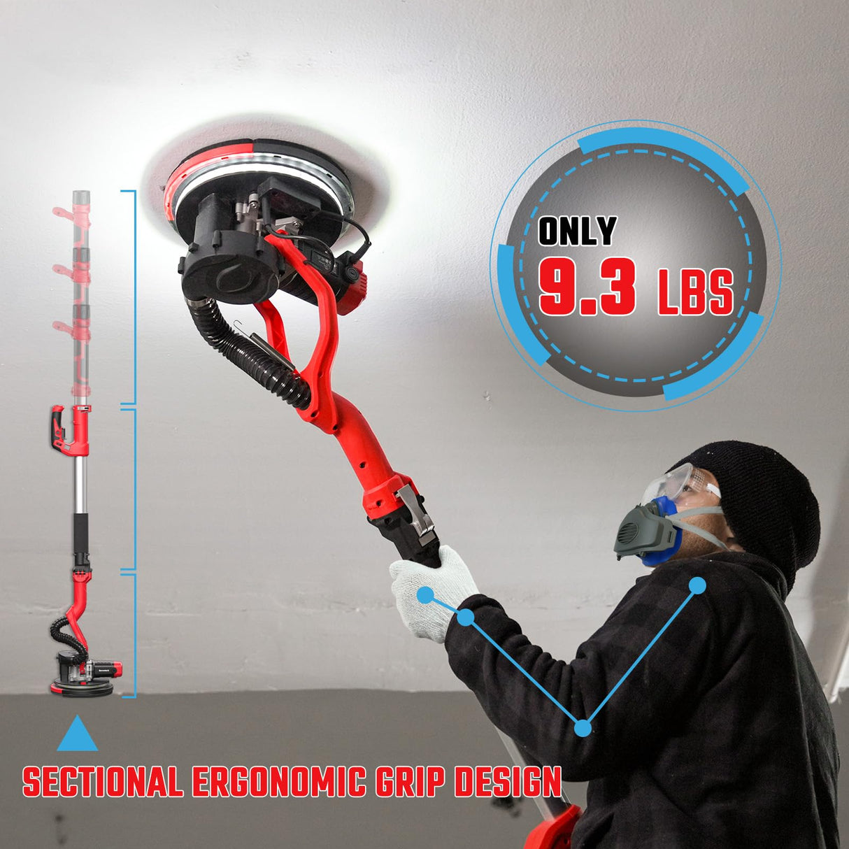 Drywall Sander, Electric Drywall Sander with Vacuum Dust Collection 7.33-Amp 880W, Floor Sanders 5 Variable Speed 1000-2100RPM with LED Light, 18Pcs Sanding Discs & 2Pcs Grid Sandpaper, Dust Mask—Red Revvstark