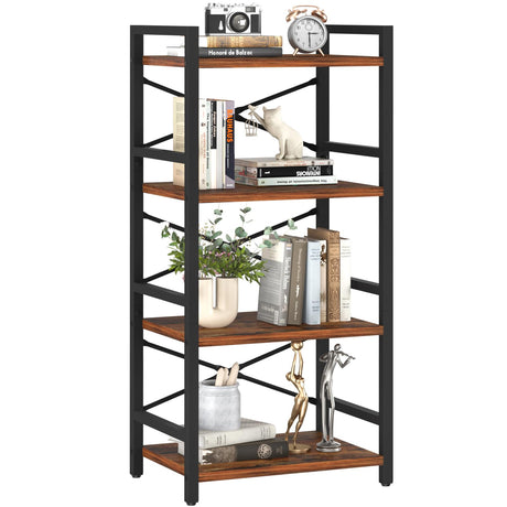 Yoobure 4 Tier Bookshelf - Small Book Shelf Industrial Bookcase, Narrow Book Case Book Storage Organizer for CD/Movie/Book, Bookshelves for Bedroom Office Living Room Berry Brown Yoobure