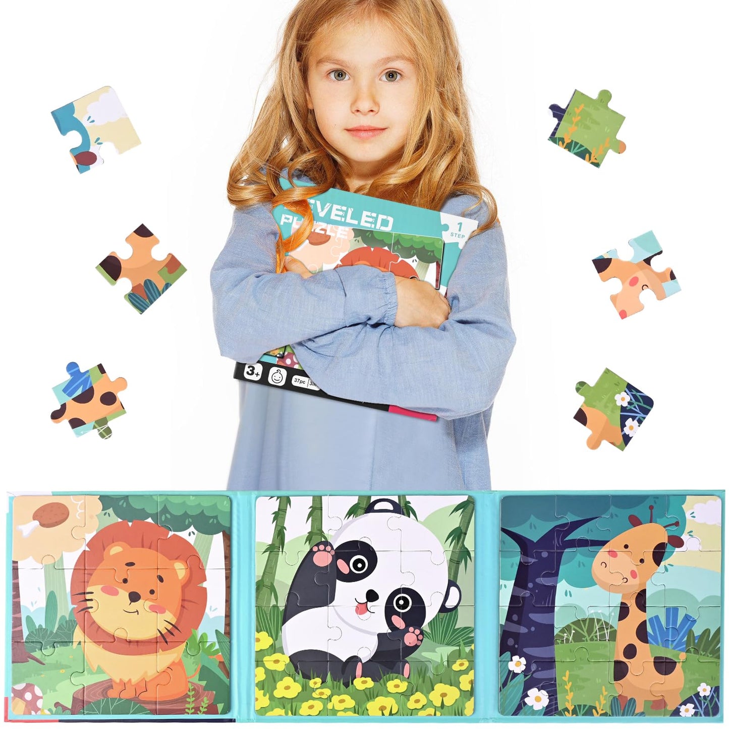 Kids Magnetic Puzzles Toddler Travel Toys Gifts for Kids, 3 in 1 Jigsaw Puzzle 37 Pieces Book,Gifts for Birthday, Thanksgiving, Christamas, Girls and Boys Age 3 4 5 6-Animal Theme Montessori