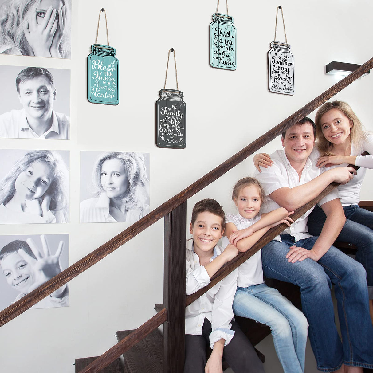 Jetec 4-Piece Mason Jar Wall Hanging Plaque Set - Rustic Farmhouse Decor Signs - Bless This Home, Family, Together, Love, Life, Home, Forever - Wooden Wall Mount - Approx. 8.3 x 4.5 x 0.24 Inches Jetec