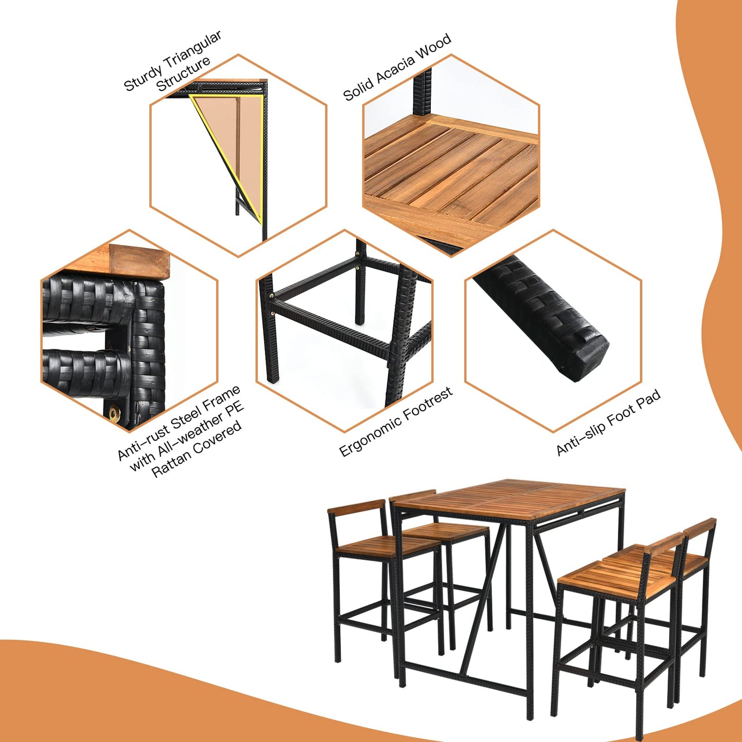 HAPPYGRILL 5-Piece Acacia Wood Outdoor Bar Set with Umbrella Hole and 4 Ergonomic Stools - WoodArtSupply