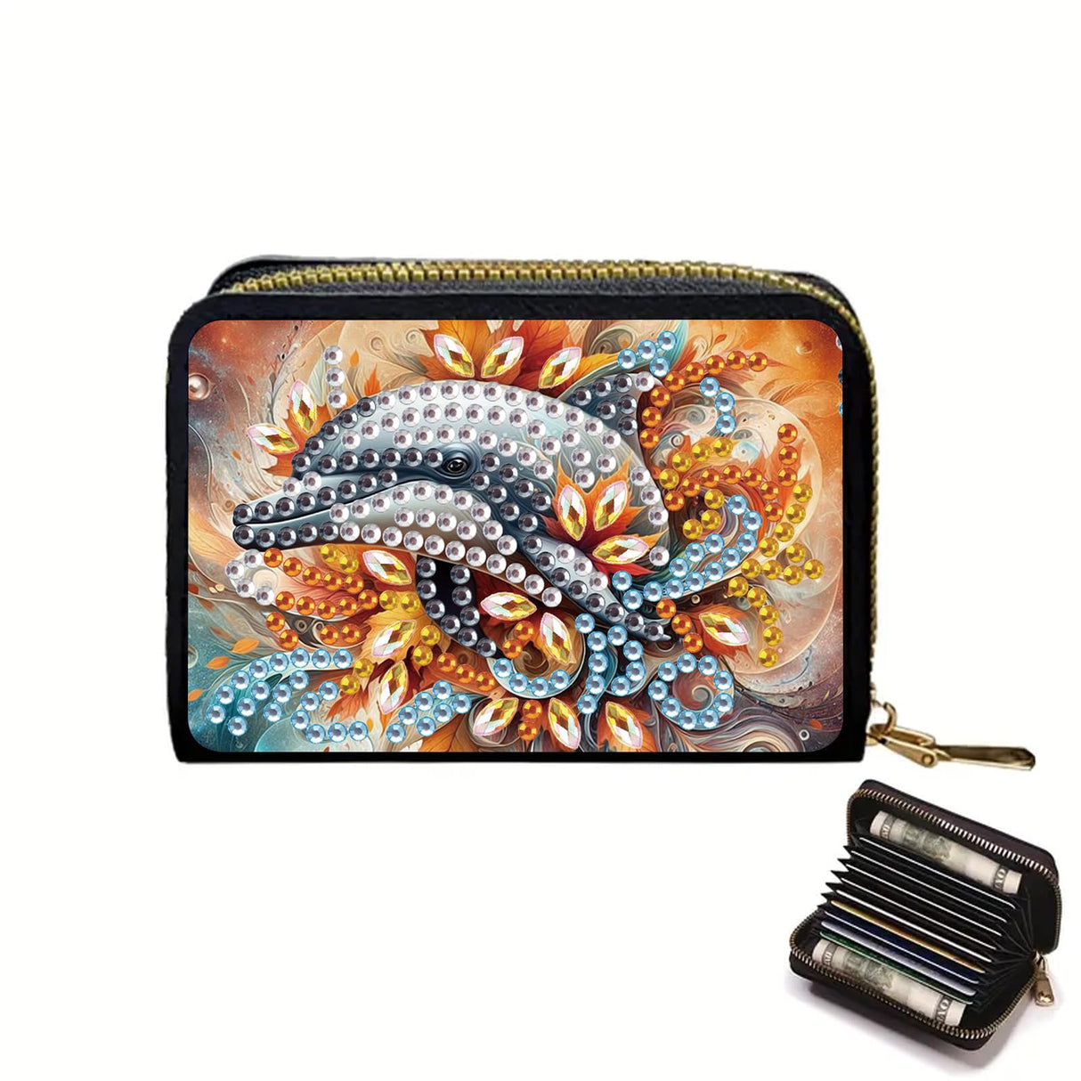 DIY Diamond Painting Kit Card Bag Dolphin Pattern Compact Portable Card Holder Multi Card Position Mini Wallet Bank Card Coin Storage Bag Personalised Creative Handmade Gift Tontut