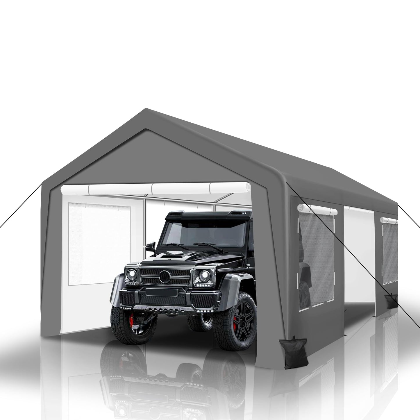 QZEN Carport 12'x20' Portable Garage, Heavy Duty Carport Canopy with Roll-up Ventilated Windows & Side Doors, Car Port for SUV, F150, Car, Truck, Boat（12' x 20'）