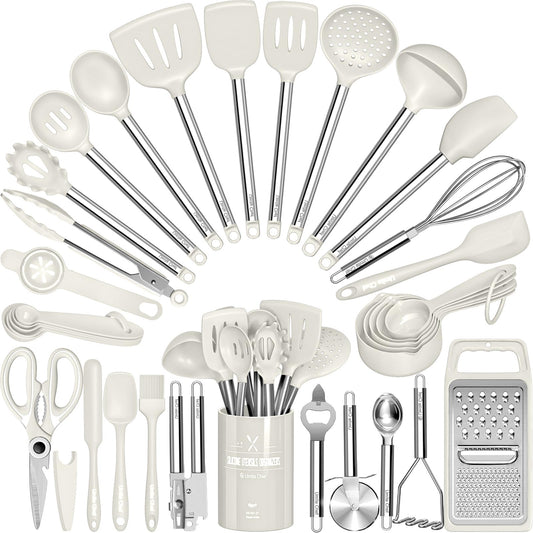 Kitchen Utensils Set-Umite Chef 34 Pcs Silicone Cooking Utensils Set for Nonstick Cookware-Silicone Spatulas Set, Stainless Steel Handle-White Kitchen Gadgets Tools, Pots and Pans Accessories