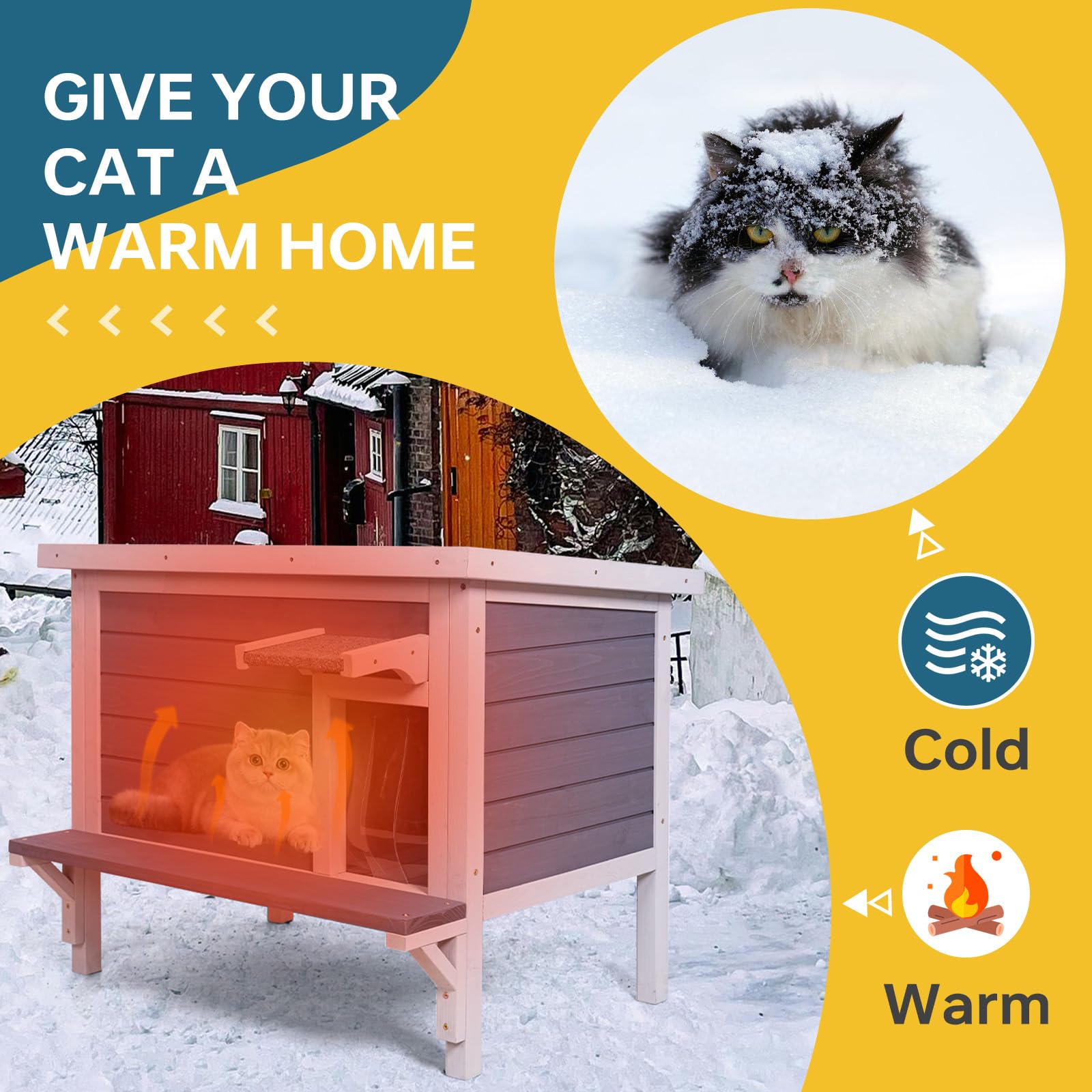 GEGURI Insulated Cat House Outdoor Weatherproof, Feral Cat Shelter for Winter, Large Wooden Enclosure - WoodArtSupply