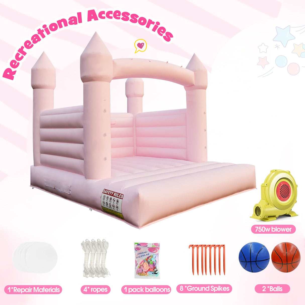 13.8FT White Bounce House Jump Castle for Kids, 100% PVC Indoor Outdoor Inflatable Bounce House, Heavy Duty 750W Air Blower Commercial Bounce House with 2 Balls, Self-Decorated for Party Gaonala