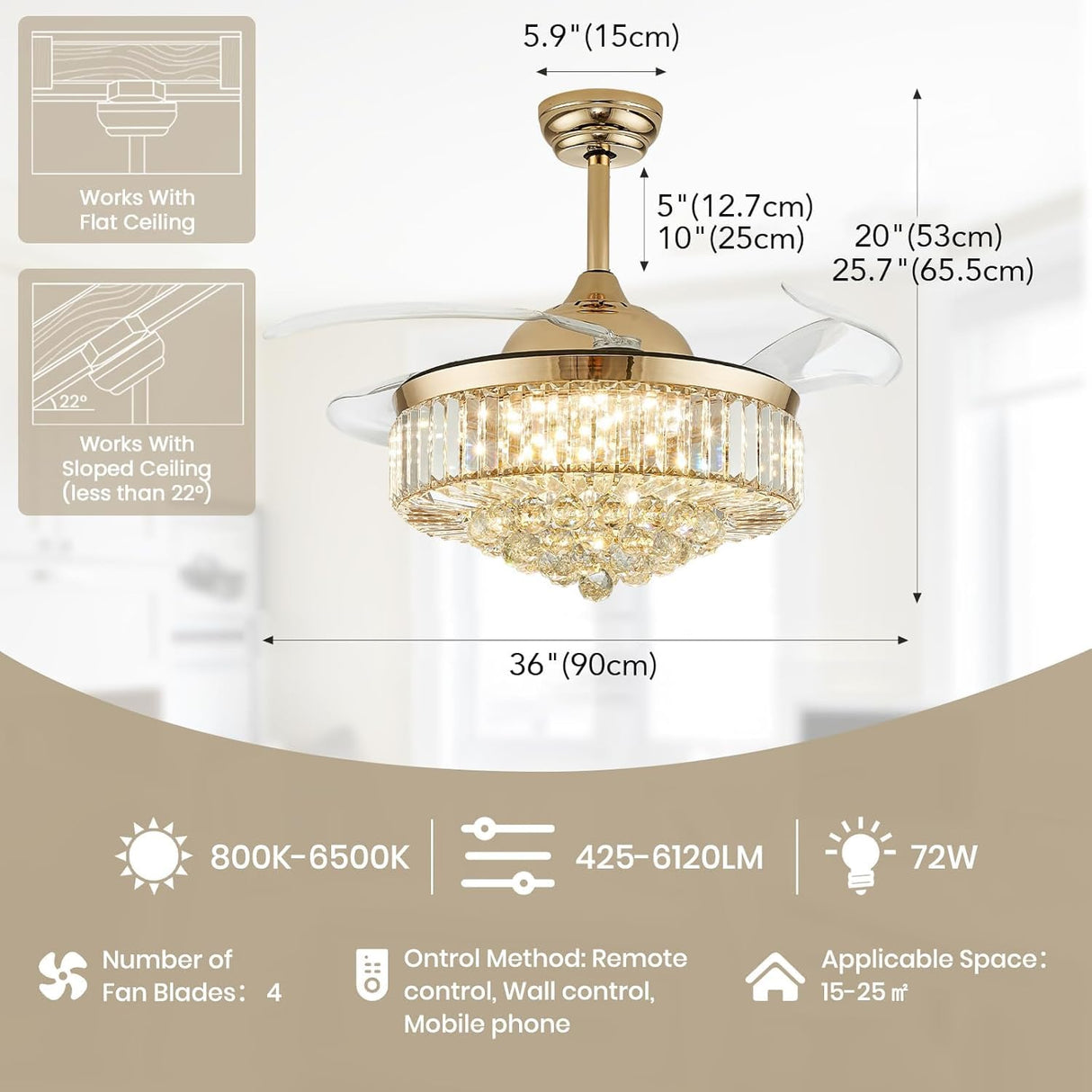 Siljoy 36 Inch Gold Fandelier Ceiling Fan with Light, Crystal Ceiling Fan with Lights and Remote, LED Dimmable Chandelier Fan with Invisible Reversible Fan Blades for Bedroom Living Room Dining Room Siljoy