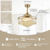 Siljoy 36 Inch Gold Fandelier Ceiling Fan with Light, Crystal Ceiling Fan with Lights and Remote, LED Dimmable Chandelier Fan with Invisible Reversible Fan Blades for Bedroom Living Room Dining Room Siljoy