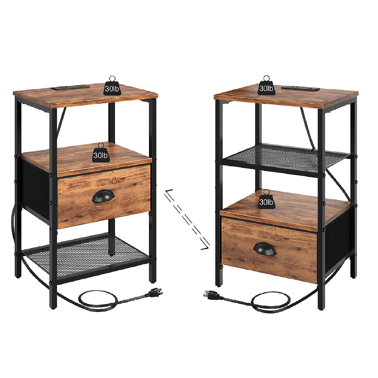 sthmec Nightstands Set of 2, Night Stands with Charging Station and Fabric Drawer, Bedside Tables with Storage, 2- Tier Side Table with Open Shelf, Nightstands with Charging Station,Rustic Brown sthmec