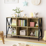 Horizontal Bookshelf Bookcase,6 Cube Storage Organizer with Open Shelf,47 Inch Industrial Low Wide Wood and Metal Cubby shelf,Long shelving unit for Home Office Living Room(Rustic Oak,6 Cube) Adompacat