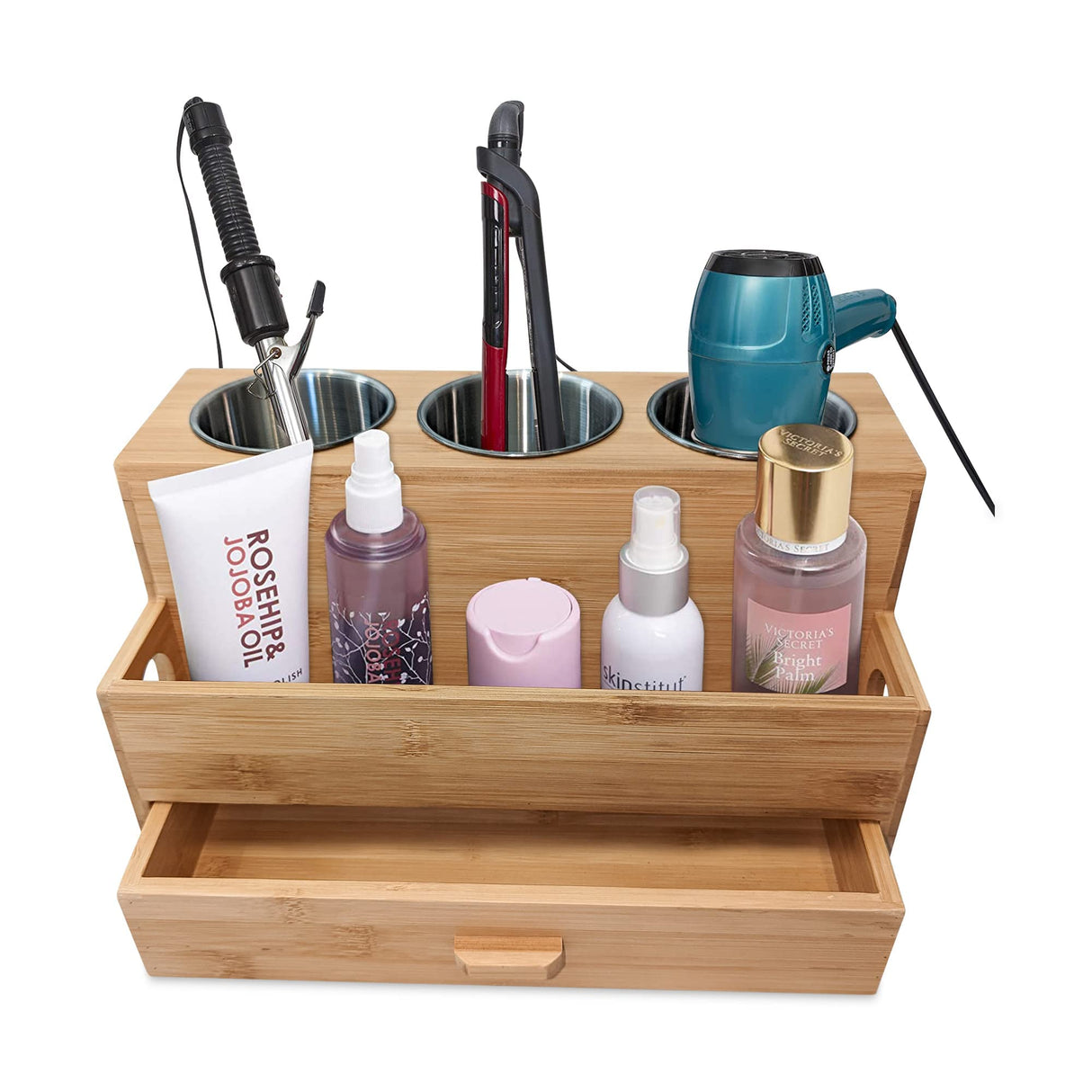 Harzen Brothers Hair Tool Organizer, Bamboo, Styling Holder, Bathroom Countertop Blow Dryer Holder, Vanity Caddy Storage Stand for Accessories, Makeup, Toiletries Harzen Brothers
