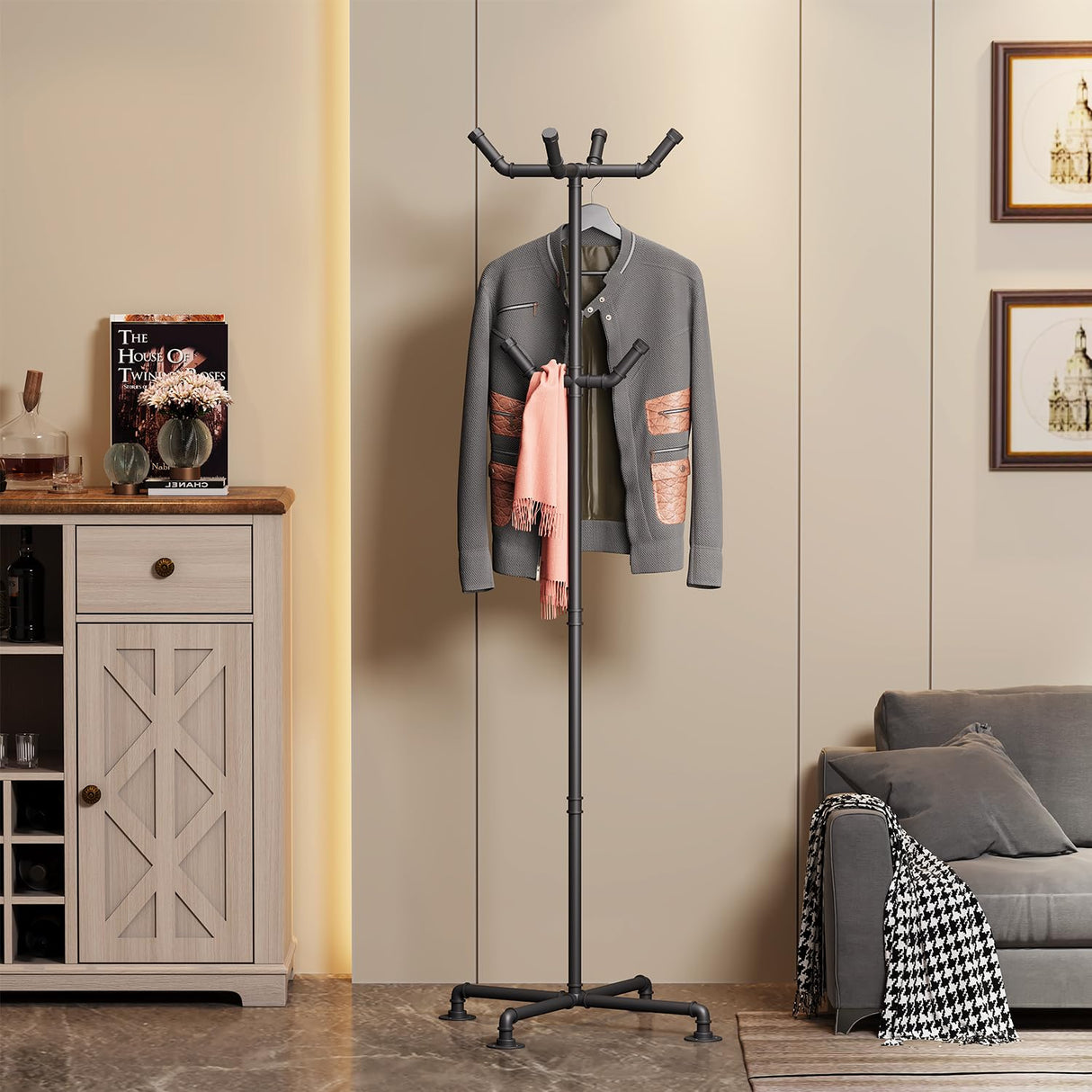 THRONKENGER Industrial Coat Rack,Metal Pipe Coat Rack Stand Freestanding with 6 Hooks,Heavy Duty Coat Tree Sturdy Coat Racks for Entryway, Hallway, Bedroom (Black) THRONKENGER