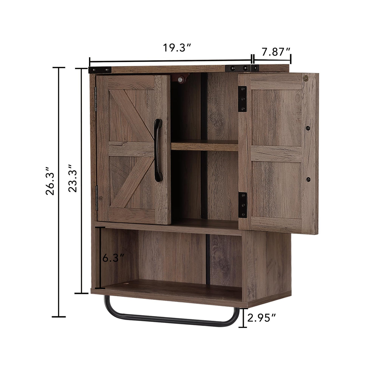 RUSTOWN Farmhouse Wall Storage Cabinet with Two Barn Door, Rustic Mounted Medicine Cabinet with Adjustable Shelf and Towel Bar, 3-Tier Wood Cabinet for Kitchen, Bathroom, Living Room (Washed Oak) RUSTOWN