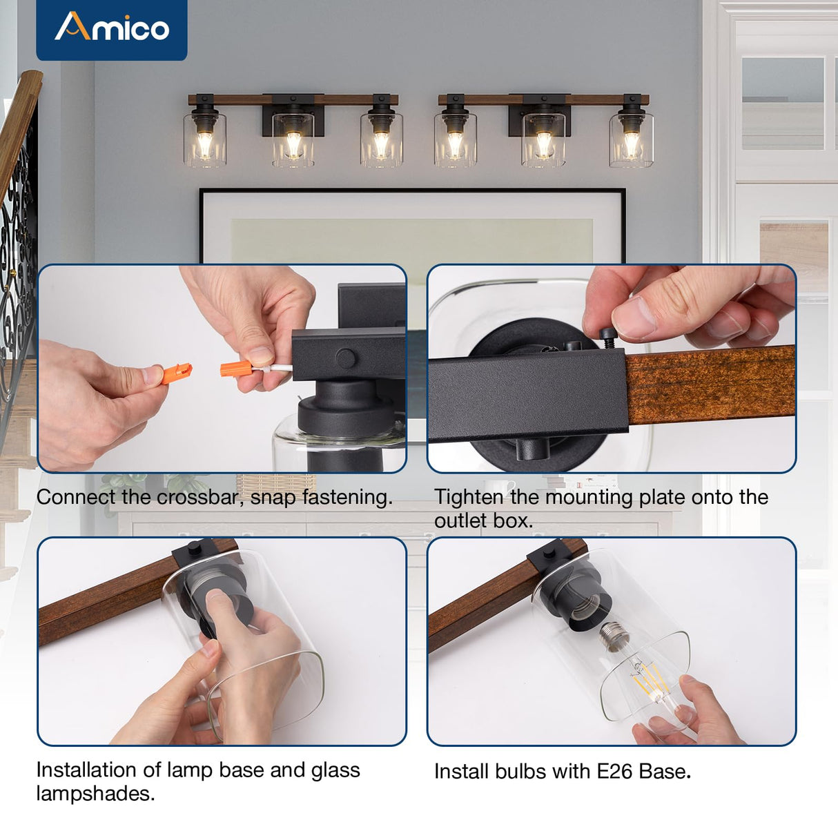 Amico 3-Light Bathroom Vanity Light Fixtures, Rustic Industrial Painted Wood Vanity Lights for Bathroom, Vintage Black Wall Sconces Bathroom Vanity Lighting with Clear Glass Shade Amico