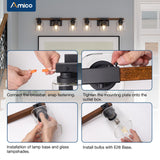 Amico 3-Light Bathroom Vanity Light Fixtures, Rustic Industrial Painted Wood Vanity Lights for Bathroom, Vintage Black Wall Sconces Bathroom Vanity Lighting with Clear Glass Shade Amico