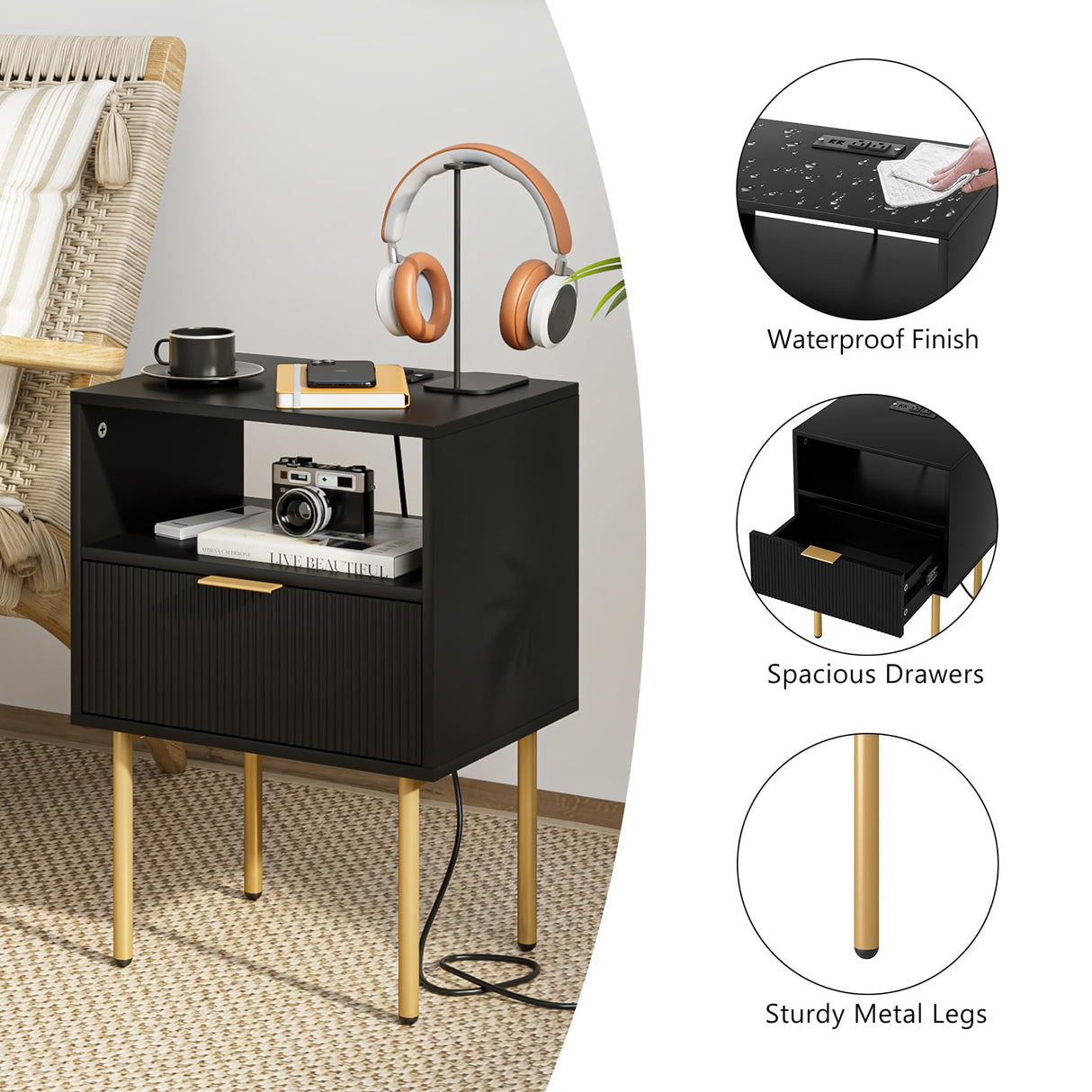 Aienvey Nightstand with Charging Station, Small Side Table, Modern Night Stand with Drawers, Bedside Table for Bedroom, Living Room End Table, Black Stripe Aienvey