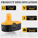 Xmenany 2Pack 6.0Ah Lithium ion DC9096 Battery Replacement for Dewalt 18V Battery XRP DC9098 DC9099 DE9096 DE9095 DW9096 DW9098 DW9095 DC9182 Xmenany