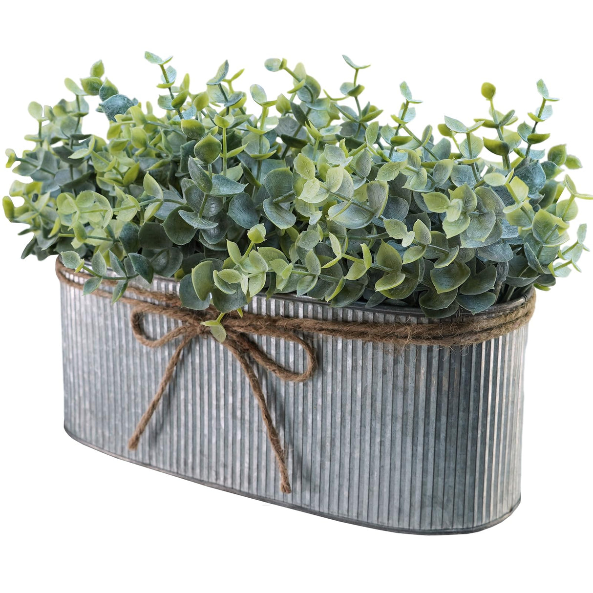 Winlyn Artificial Eucalyptus Arrangement in Rustic Oval Galvanized Metal Planter Box Faux Eucalyptus Bush Greenery Potted Plants for Farmhouse Indoor Home Office Table Centerpiece Kitchen Décor Winlyn