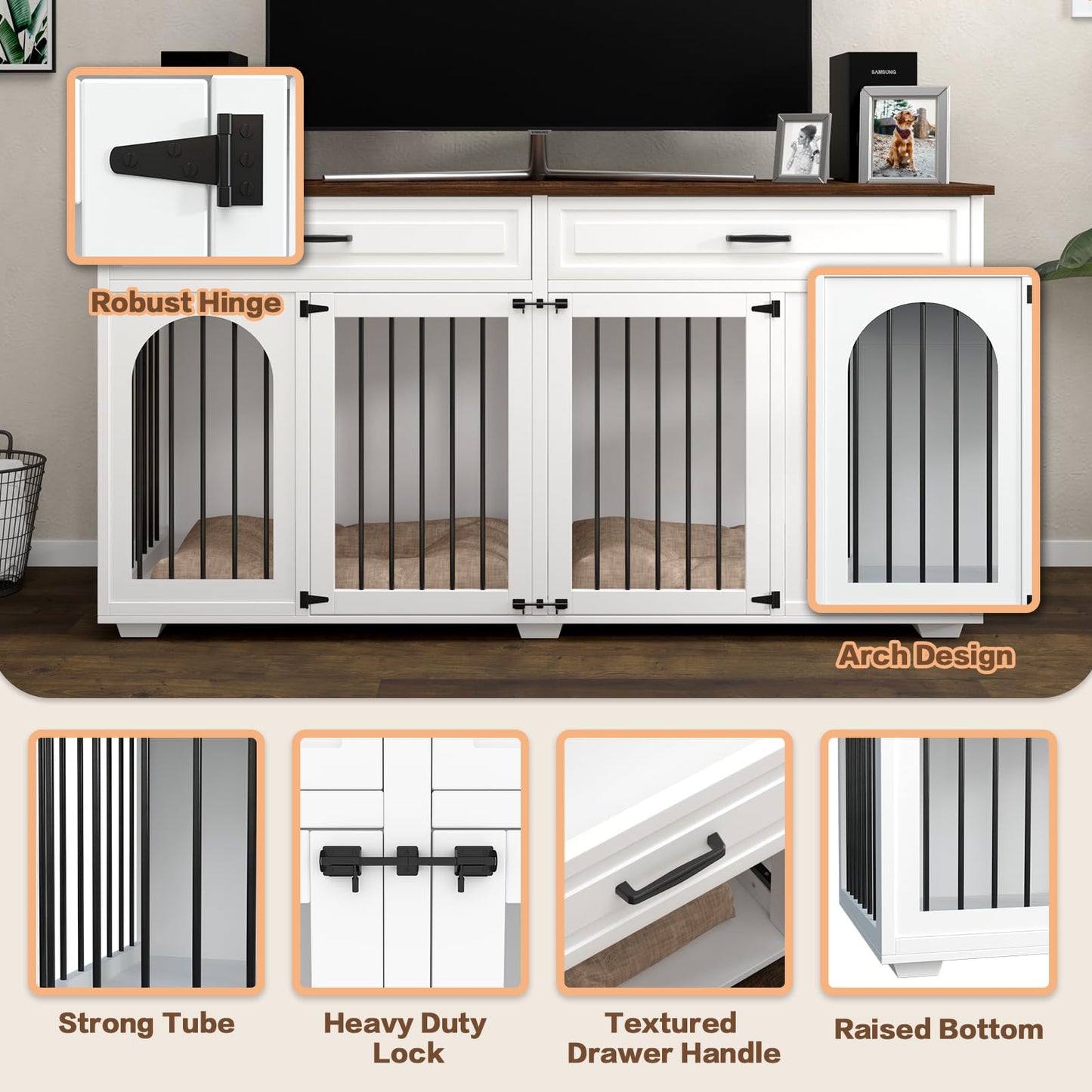 Large Dog Crate Furniture,74.8" Wooden Double Room Dog Crates Indoor Furniture Style with Divider and 2 Drawers,XXL Heavy Duty Dog Kennel Furniture TV Stand Table for 2 Large Dogs,White - WoodArtSupply