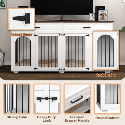 Large Dog Crate Furniture,74.8" Wooden Double Room Dog Crates Indoor Furniture Style with Divider and 2 Drawers,XXL Heavy Duty Dog Kennel Furniture TV Stand Table for 2 Large Dogs,White - WoodArtSupply