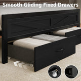 Siihnon Rustic King Size Bed Frame with Storage Drawers and Barn Door Headboard, Farmhouse LED King Bed Frame with Charging Station, Metal Industrial Platform Bed Frames, No Box Spring Needed, Black Siihnon