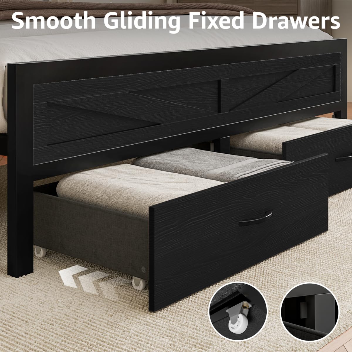 Siihnon Rustic Full Size Bed Frame with Storage Drawers and Barn Door Headboard, Farmhouse LED Bed Frame Full with Charging Station, Metal Industrial Platform Bed Frames, No Box Spring Needed, Black Siihnon