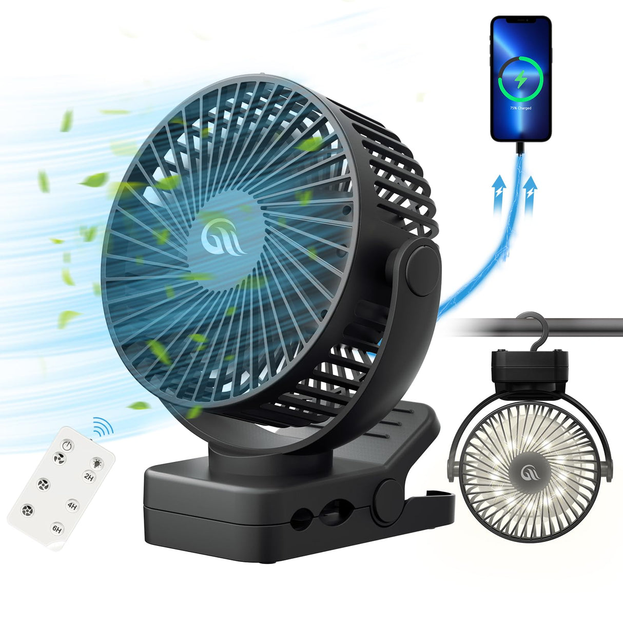 Portable Fan with Remote Control & Timer & LED Lights, 60hrs 12000mAh USB Rechargeable Battery Fan Could Clamp/Hanging/Stand Up, Small Clip on Fan for Baby Stroller, Bed, Desk, Camping Tent, Travel OUTERFAN