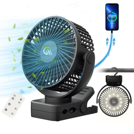 Portable Fan with Remote Control & Timer & LED Lights, 60hrs 12000mAh USB Rechargeable Battery Fan Could Clamp/Hanging/Stand Up, Small Clip on Fan for Baby Stroller, Bed, Desk, Camping Tent, Travel OUTERFAN