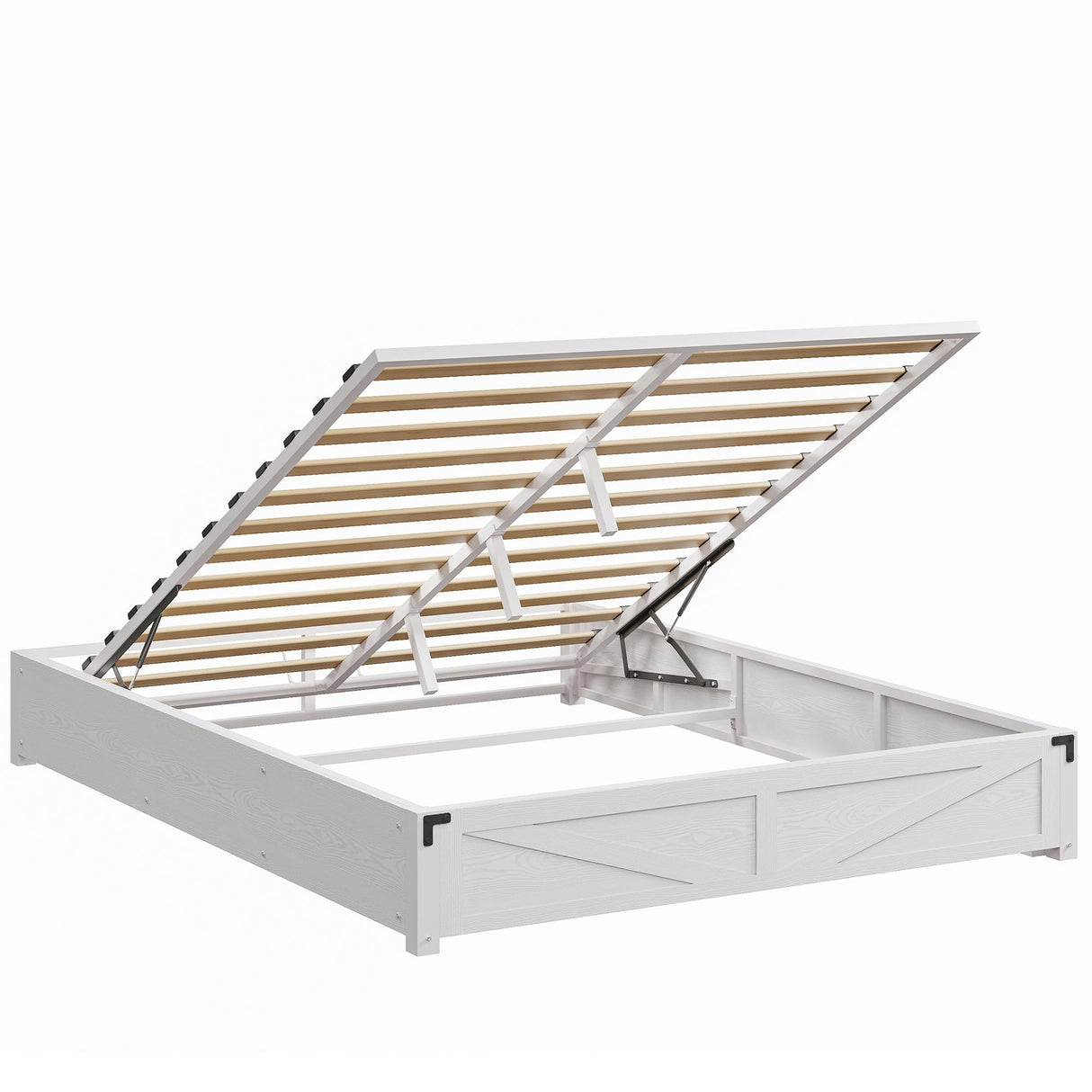 LIKIMIO Platform Queen Size Bed Frame, Farmhouse Bed Frames with Lift Up Storage, Wooden Slats, Sturdy and No Noise, Easy Assembly, White LIKIMIO