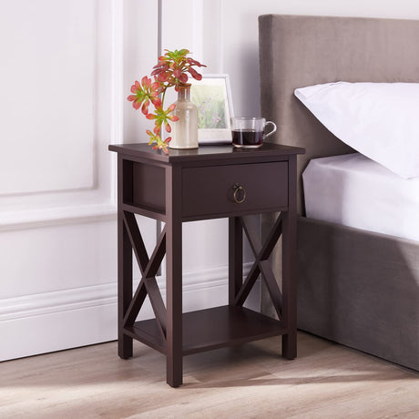 Naomi Home Eily Small Night Stand, Bedside Table with Drawers and Shelf, Sleek Bedroom Nightstand with X-Design for Small Spaces, Offices, Living Rooms - Espresso Naomi Home