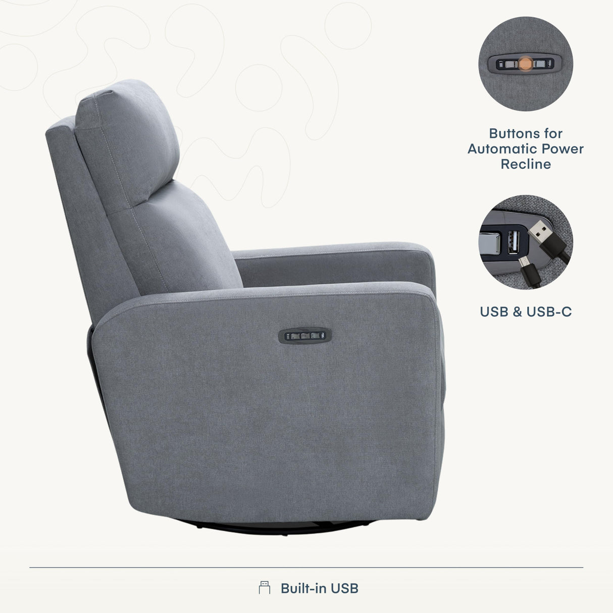Nurture& The Glider Plus - Premium Nursery Power Recliner | Swivel Chair with Adjustable Head Support and Adjustable Lumbar Support | Built-in USB - The Ultimate Comfort for Nursing, Relaxing (Gray) Nurture&