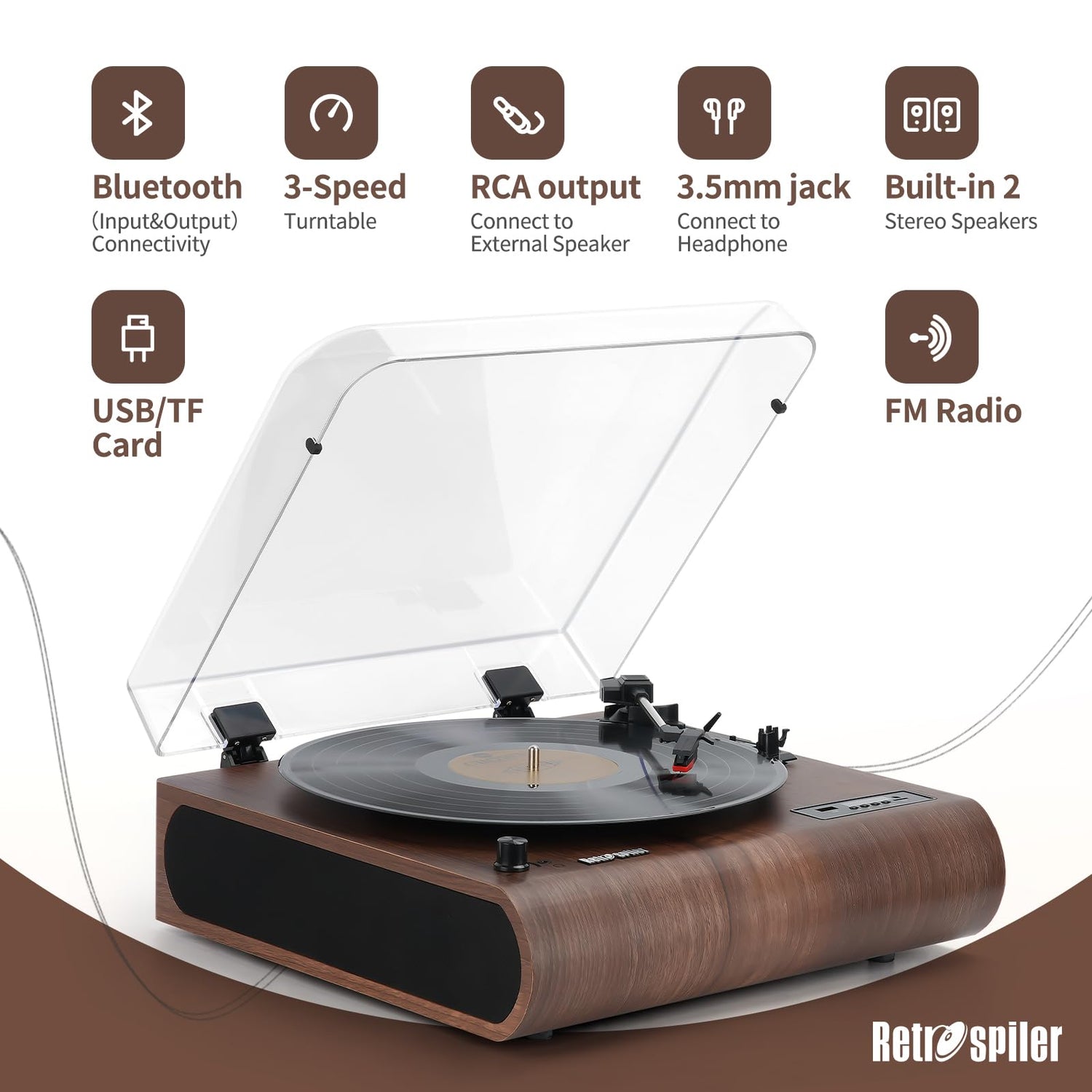 LP&No.1 Retro Bluetooth Vinyl Record Player, 3-Speed Turntable, Auto Off, External Speakers, Walnut Wood
