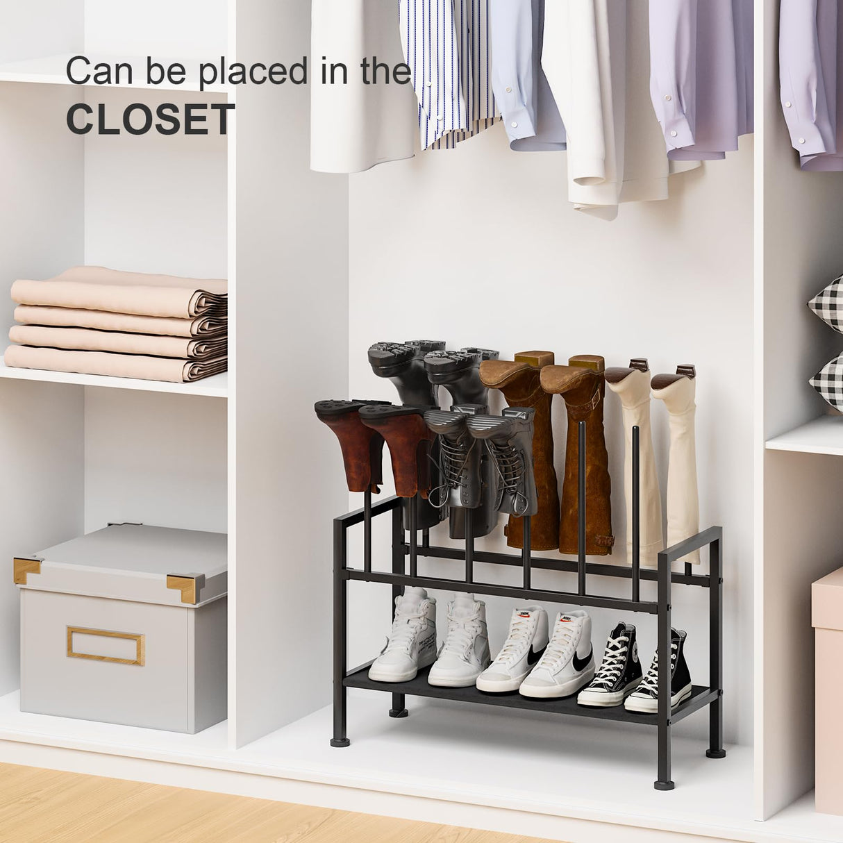 DIMJ Free Standing Shoe Racks - 3-Tier Boot Rack, Black Metal Storage Organizer for Tall Boots, Sneakers, Closet Organizer, Multiuse Shoe Rack, Fits 6 Pairs DIMJ