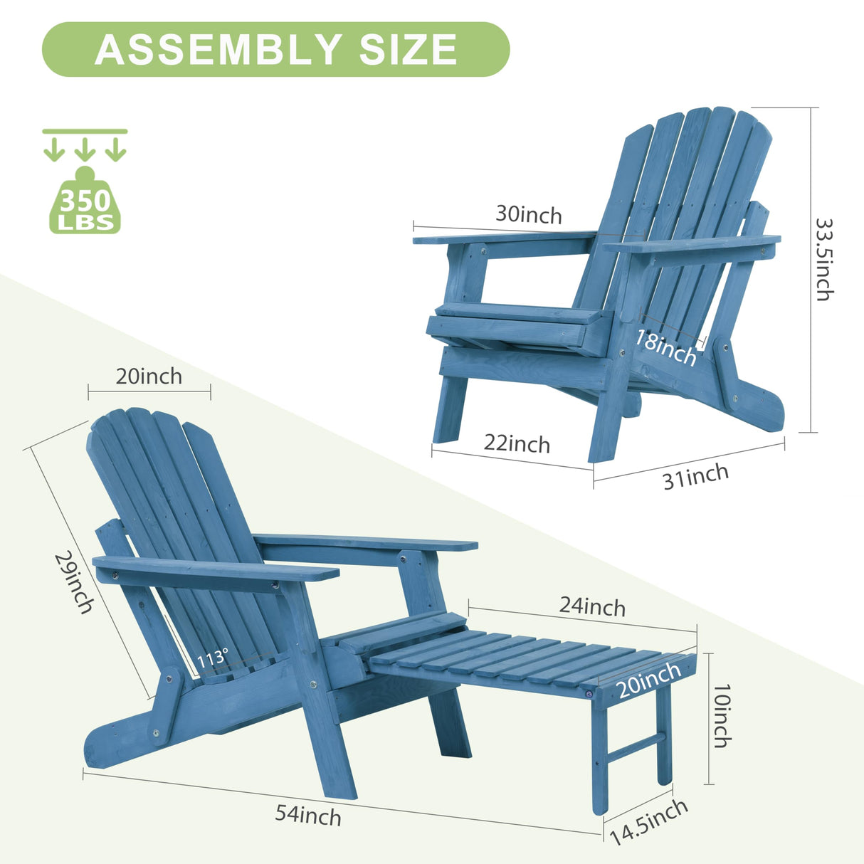 Oversized Wooden Folding Adirondack Chair with Ottoman, Pre-Assembled Backrest and Seat Board, Lounge Chair for Outdoor Patio Garden Lawn Backyard Firepit Deck Pool Beach Wood-Natrl