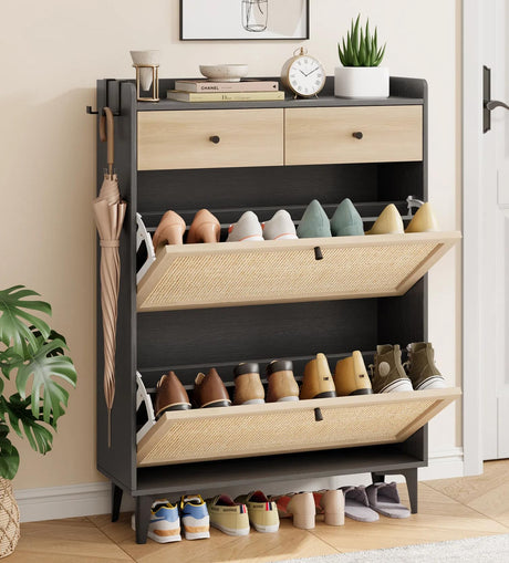 Jocoevol Rattan Shoe Cabinet Storage with 2 Flip Drawers & 2 Drawers, Freestanding Narrow Wood Shoe Cabinet with Metal Legs for Entryway Hallway, Light Black Jocoevol