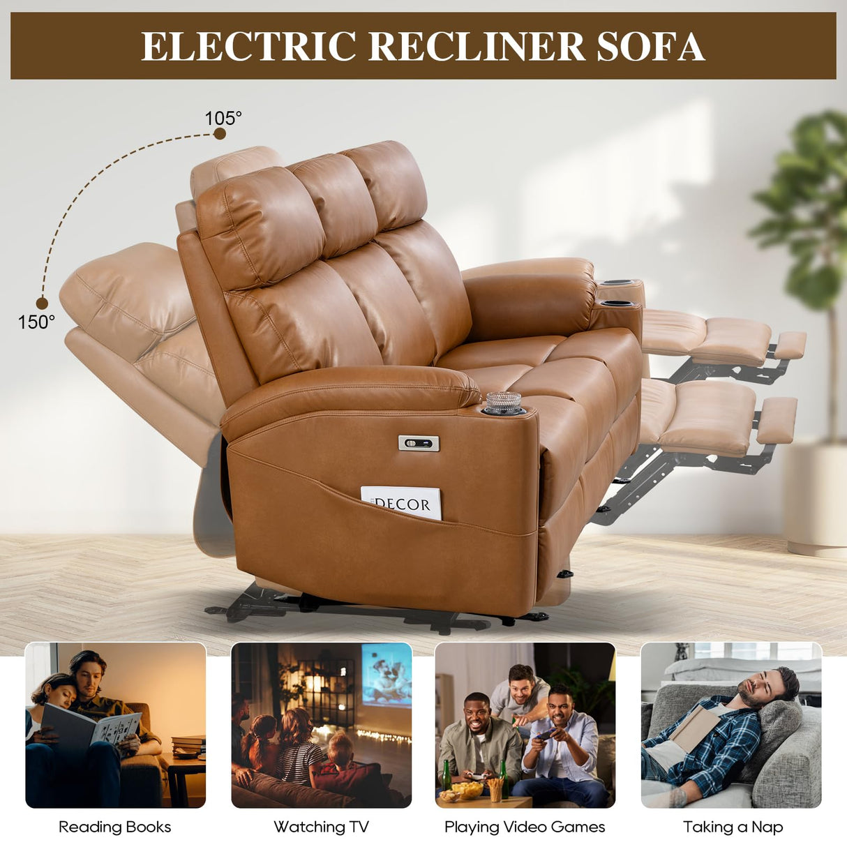 PALLOME Power Reclining Sofa, Electric 3-Seat Dual Recliner Sofa with USB Ports, Cup Holders, Wall Hugger Sofa & Couch for Living Room Home Theater Apartment RV (Brown) PALLOME