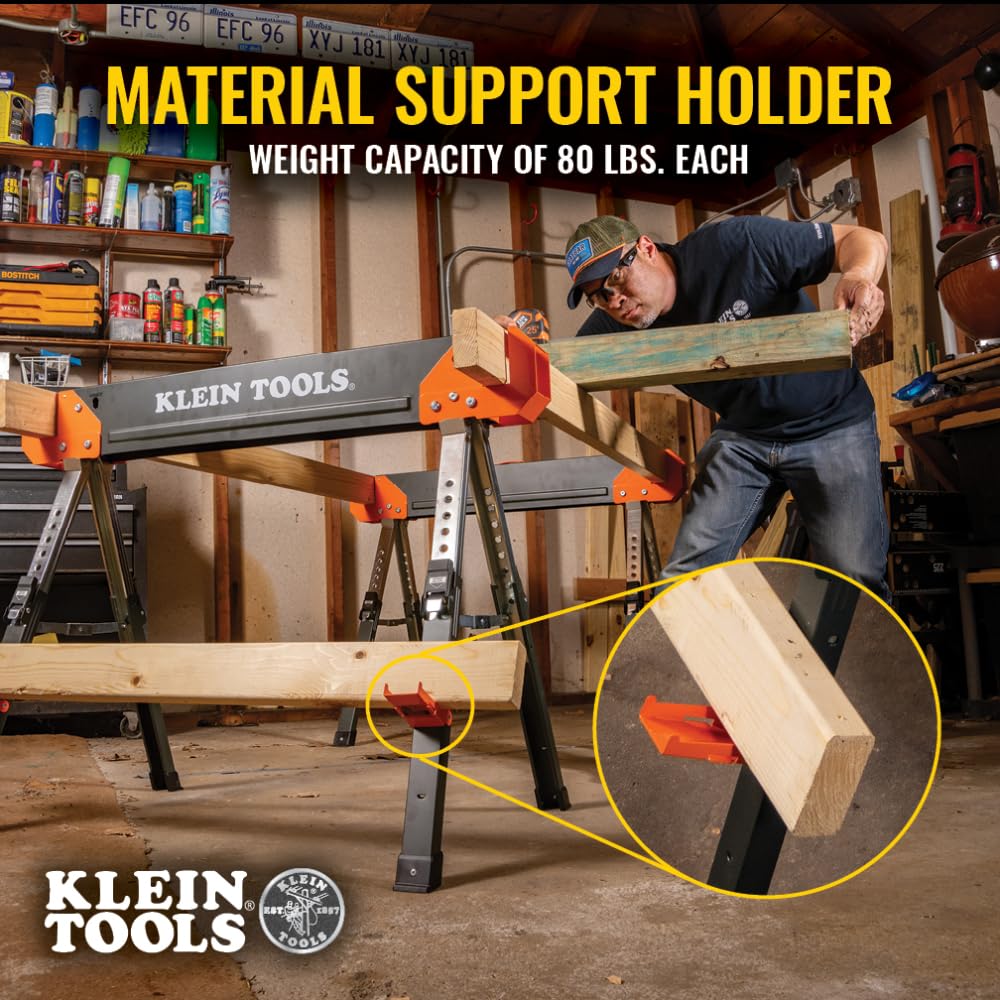 Klein Tools 66188 Folding Saw Horse, 2x4 Support Arms, 26-Inch to 32-Inch Adjustable Height, Heavy Duty Jobsite Table, 1-Pack Klein Tools