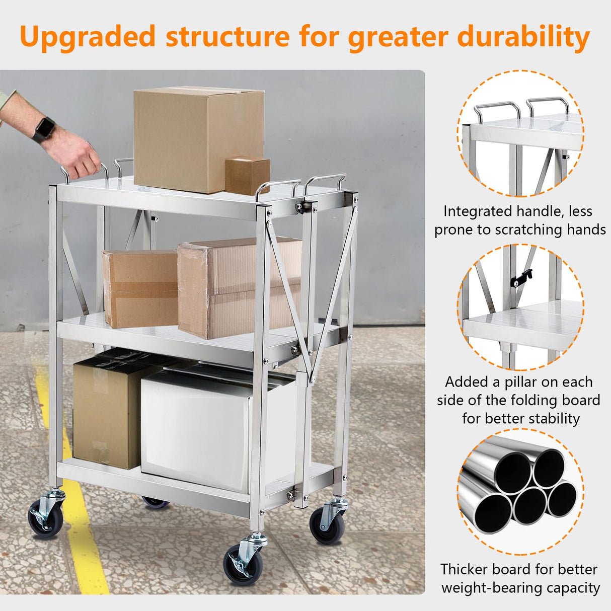 Agrestem Portable Folding Service Cart, 3 Shelf Stainless Steel cart, 3 Stainless Steel Shelves Up to 440 lbs Load Capacity, Folding Collapsible Service Cart for Office Home Warehouse Agrestem